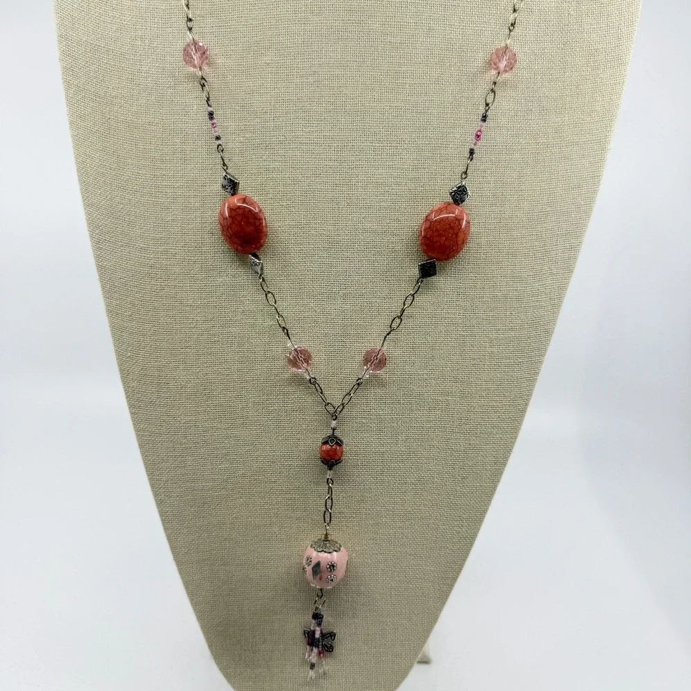 Pink Orange Beaded Butterfly Tassel Long Pendant Necklace Boho Cottagecore Y2K